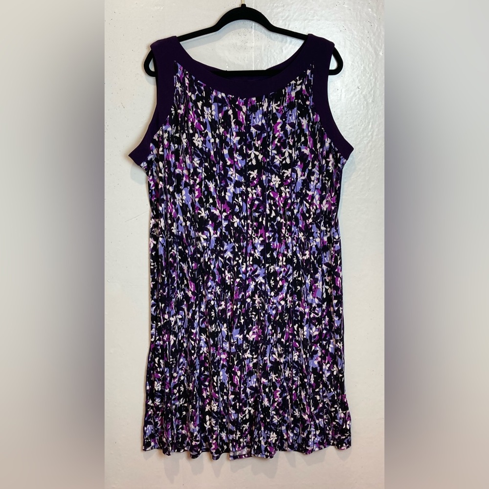Perceptions Dress Plus Sz 18W Purple Floral Artsy Stretch Knit Sleeveless Midi